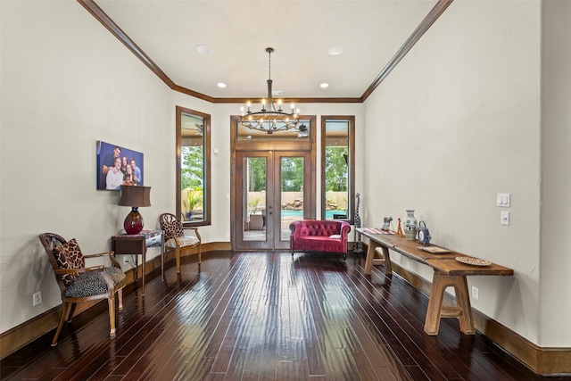 27514 Siandra Creek Ln, Spring, TX 77386 - sitting room featuring ornamental molding, a chandelier, french doors, wood-type flooring, and recessed lighting