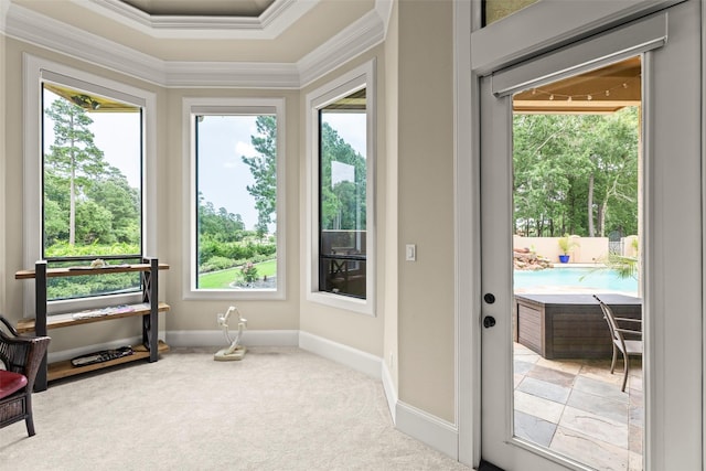 27514 Siandra Creek Ln, Spring, TX 77386 - doorway with crown molding, healthy amount of natural light, and carpet