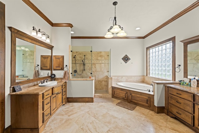 27514 Siandra Creek Ln, Spring, TX 77386 - bathroom with crown molding, a walk in shower, a bath, vanity, and recessed lighting