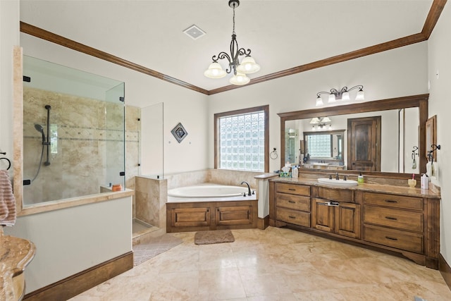 27514 Siandra Creek Ln, Spring, TX 77386 - full bath with ornamental molding, a chandelier, a bath, tiled shower, and vanity