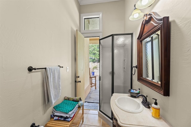 27514 Siandra Creek Ln, Spring, TX 77386 - bathroom featuring a stall shower, tile patterned floors, and vanity