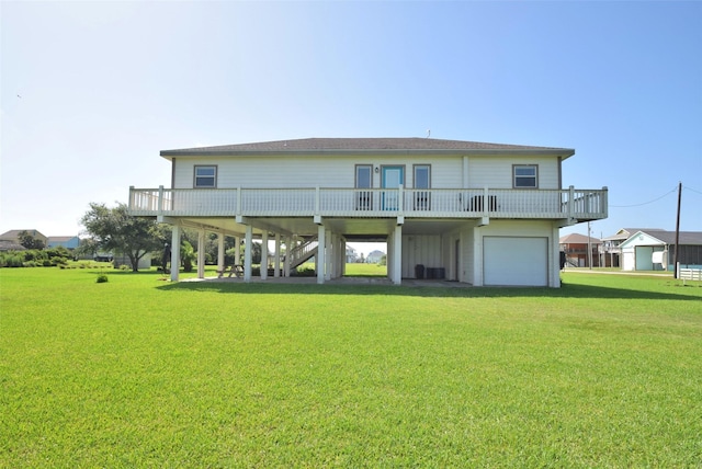 960 Alberdie Dr, Crystal Beach, TX 77650 - back of property with a yard, a garage, a wooden deck, and roof with shingles