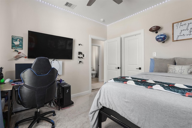 13709 Gaff Rig Dr, Texas City, TX 77510 - bedroom featuring carpet, a desk, connected bathroom, and ceiling fan