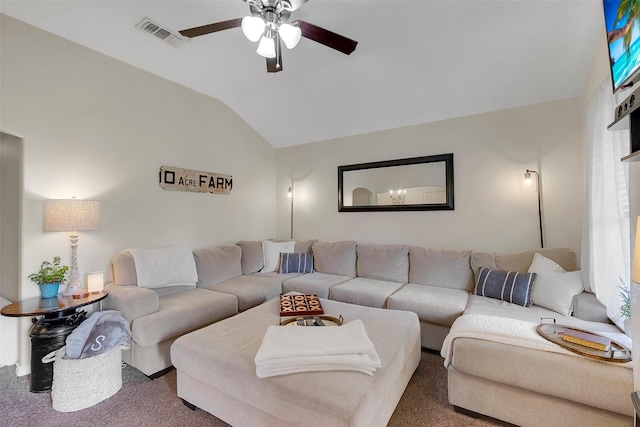 2222 3rd St, Rosenberg, TX 77471 - carpeted living room featuring ceiling fan and lofted ceiling