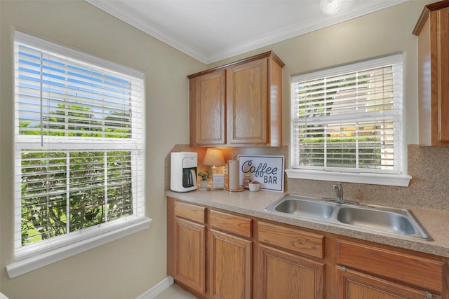 2222 3rd St, Rosenberg, TX 77471 - kitchen with decorative backsplash, healthy amount of natural light, light countertops, and ornamental molding