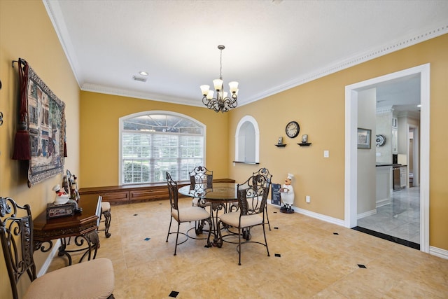 16919 Storybrook Forest Dr, Tomball, TX 77377 - dining area with ornamental molding, a chandelier, and light tile patterned flooring