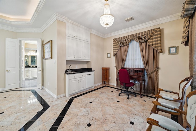 16919 Storybrook Forest Dr, Tomball, TX 77377 - home office with a chandelier, crown molding, and inlaid floor details