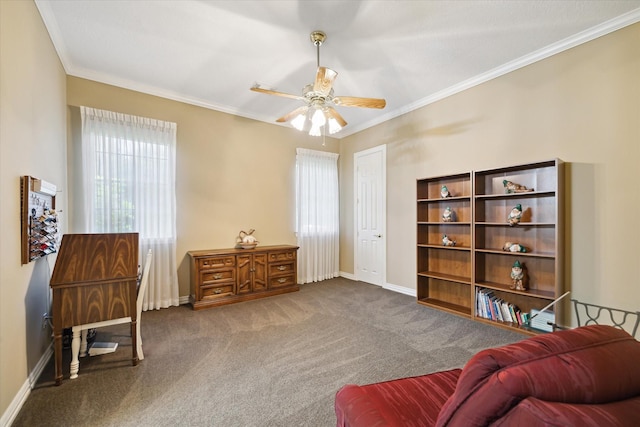 16919 Storybrook Forest Dr, Tomball, TX 77377 - living area featuring ornamental molding, a ceiling fan, and dark colored carpet