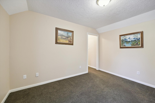 16919 Storybrook Forest Dr, Tomball, TX 77377 - empty room featuring vaulted ceiling, dark carpet, and a textured ceiling