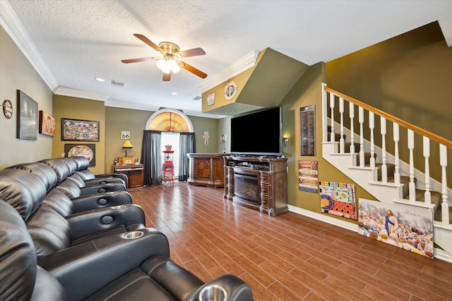 16919 Storybrook Forest Dr, Tomball, TX 77377 - living area featuring crown molding, a ceiling fan, stairway, a textured ceiling, and wood finished floors