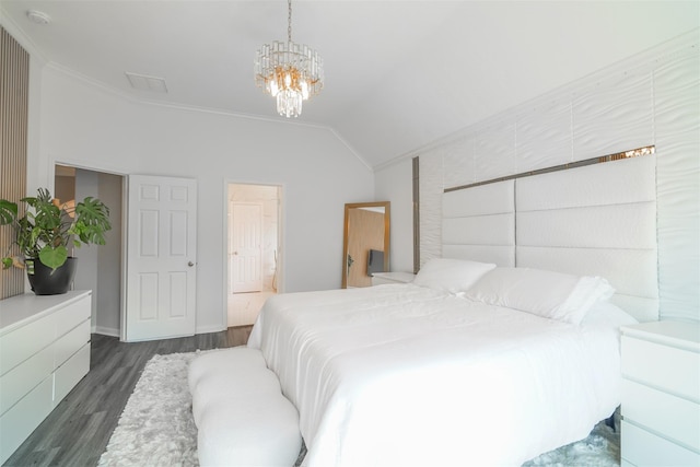 5515 E Terrace Gable Cir, Katy, TX 77494 - bedroom featuring dark wood-style flooring, lofted ceiling, a chandelier, crown molding, and ensuite bath
