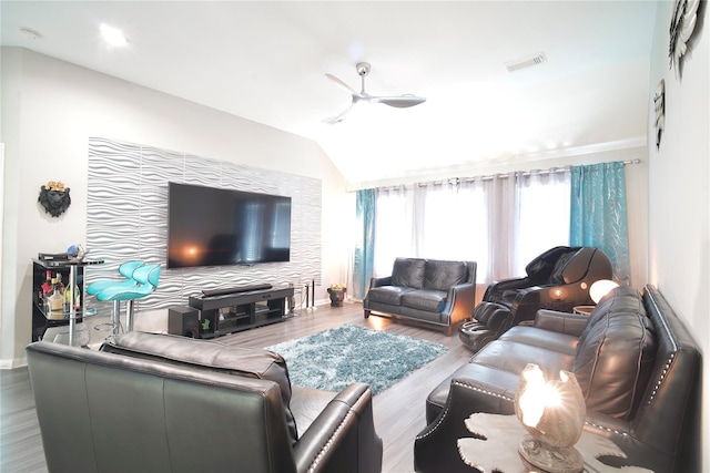 5515 E Terrace Gable Cir, Katy, TX 77494 - living area with a ceiling fan, vaulted ceiling, and wood finished floors