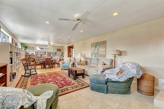 4316 Caduceus Pl, Galveston, TX 77550 - living area with a ceiling fan, recessed lighting, and light tile patterned flooring