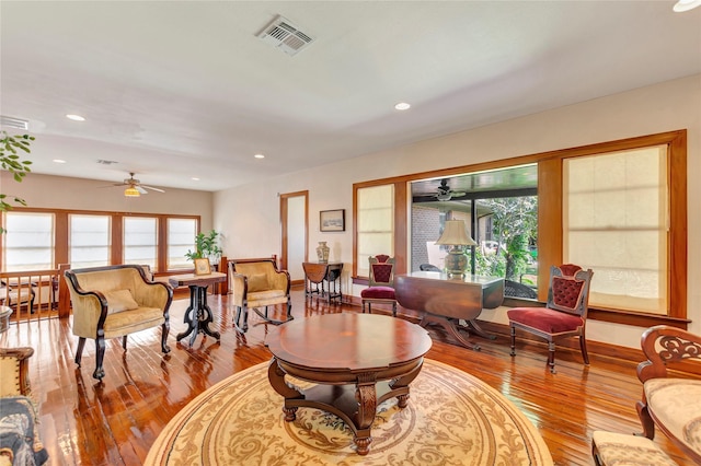 4316 Caduceus Pl, Galveston, TX 77550 - living room with ceiling fan, hardwood / wood-style floors, and recessed lighting