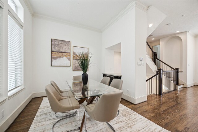 1124 W 24th St Unit B, Houston, TX 77008 - dining space with dark wood-style flooring, crown molding, stairway, and recessed lighting