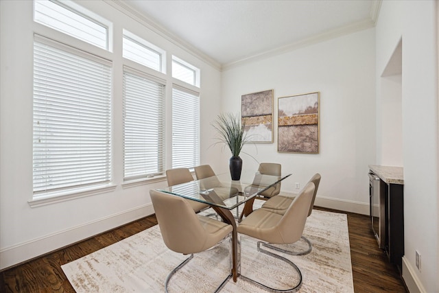 1124 W 24th St Unit B, Houston, TX 77008 - dining space with ornamental molding, dark wood finished floors, and wine cooler