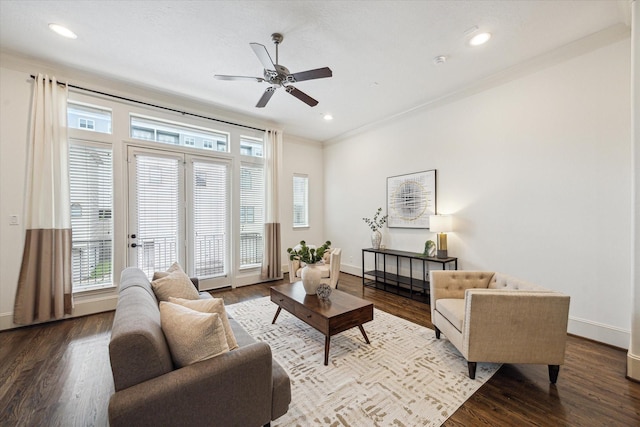 1124 W 24th St Unit B, Houston, TX 77008 - living room with ornamental molding, wood finished floors, ceiling fan, and recessed lighting