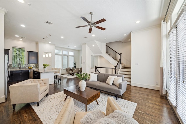 1124 W 24th St Unit B, Houston, TX 77008 - living area featuring plenty of natural light, a ceiling fan, stairway, recessed lighting, and ornamental molding