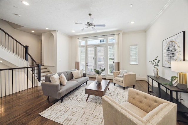 1124 W 24th St Unit B, Houston, TX 77008 - living room with ornamental molding, wood finished floors, recessed lighting, a ceiling fan, and stairway