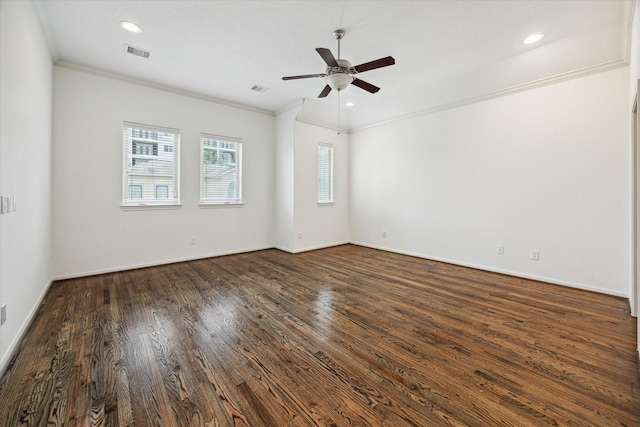 1124 W 24th St Unit B, Houston, TX 77008 - spare room with a ceiling fan, ornamental molding, dark wood-type flooring, and recessed lighting