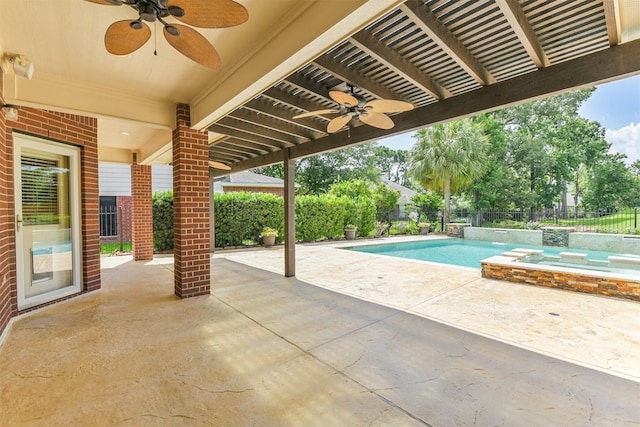 8006 Sports Haven Dr, Humble, TX 77346 - fenced backyard with ceiling fan, a patio area, and a pool with connected hot tub