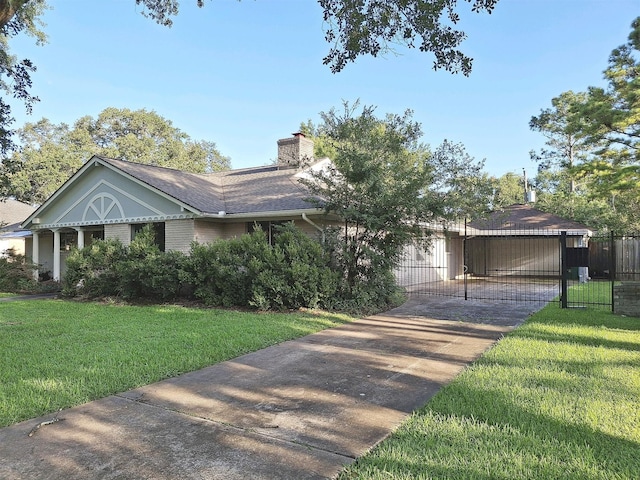 7807 Bellerive Dr, Houston, TX 77036 - ranch-style home with a gate, a chimney, and concrete driveway
