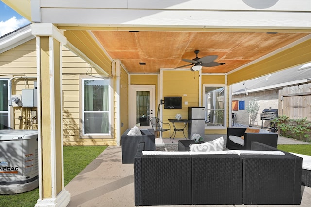 8727 Vinkins Rd, Houston, TX 77071 - view of patio / terrace with an outdoor hangout area, a ceiling fan, and a grill