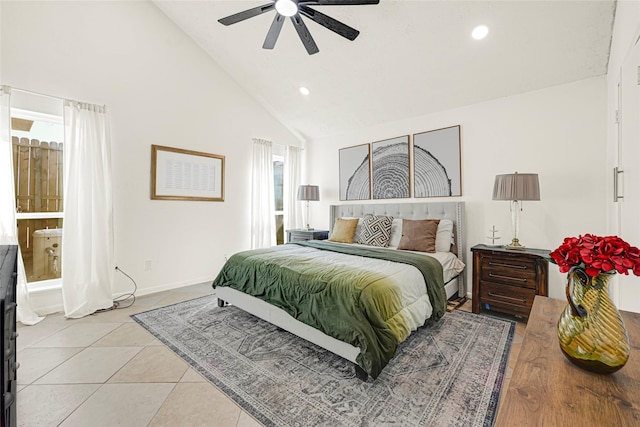 8727 Vinkins Rd, Houston, TX 77071 - bedroom featuring high vaulted ceiling, light tile patterned floors, recessed lighting, and a ceiling fan