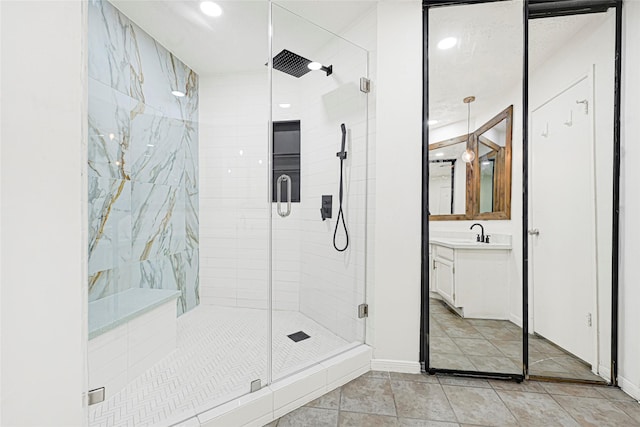 8727 Vinkins Rd, Houston, TX 77071 - bathroom with a stall shower, vanity, recessed lighting, and tile patterned floors