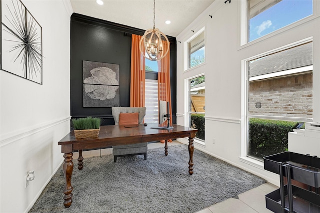 8727 Vinkins Rd, Houston, TX 77071 - office space featuring a chandelier, tile patterned flooring, and recessed lighting