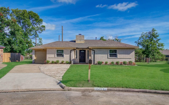 12407 Big Oaks Dr, Houston, TX 77050 - ranch-style home featuring concrete driveway, brick siding, a chimney, a garage, and a shingled roof