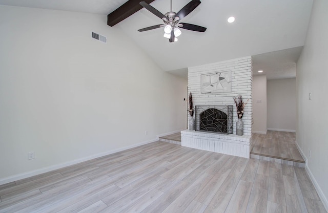 12407 Big Oaks Dr, Houston, TX 77050 - unfurnished living room featuring ceiling fan, light wood-type flooring, a brick fireplace, and recessed lighting