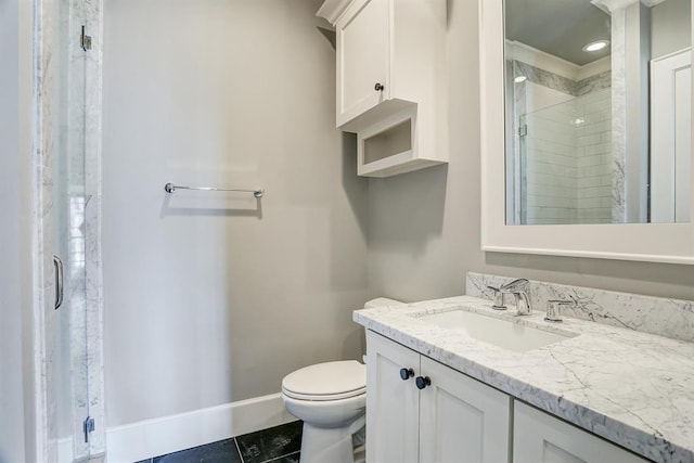 8015 Serenity Ct, Houston, TX 77025 - bathroom with vanity, a shower stall, and tile patterned flooring