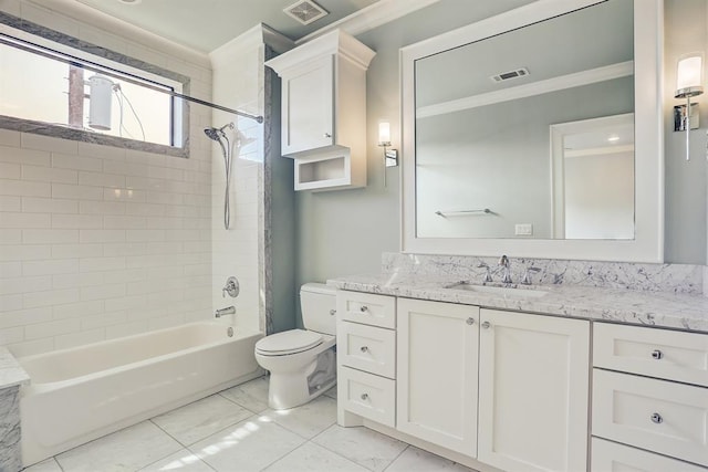 8015 Serenity Ct, Houston, TX 77025 - bathroom with crown molding, vanity, bathing tub / shower combination, and marble look tiles