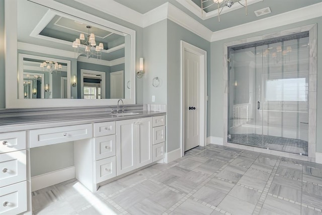 8015 Serenity Ct, Houston, TX 77025 - full bath featuring a chandelier, vanity, ornamental molding, a stall shower, and a tray ceiling