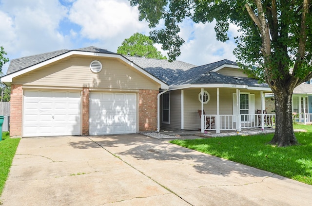 4318 Glen Avon Dr, Pasadena, TX 77505 - view of front facade with an attached garage, concrete driveway, covered porch, a shingled roof, and brick siding