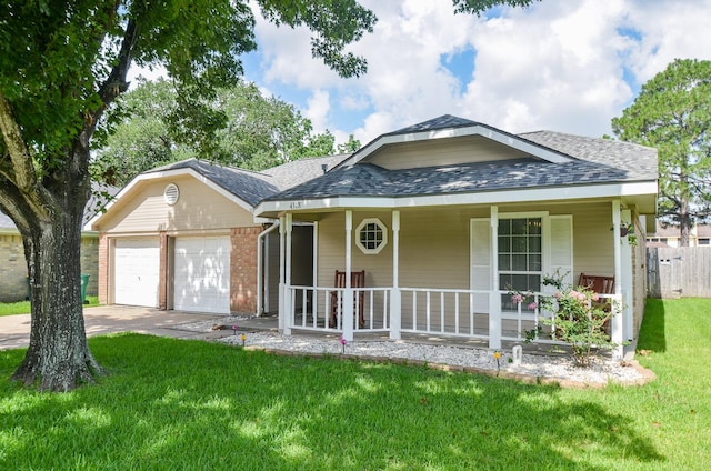 4318 Glen Avon Dr, Pasadena, TX 77505 - view of front facade with a porch, a garage, a shingled roof, a front lawn, and driveway