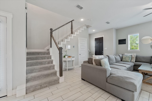 18635 Parkland Square Pl, Cypress, TX 77433 - living room with stairway, recessed lighting, and a ceiling fan