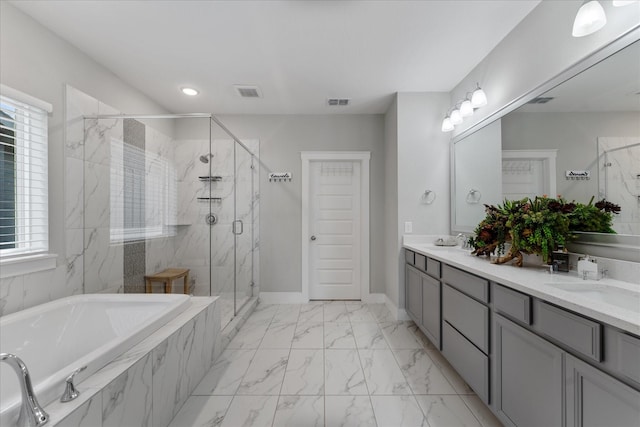 18635 Parkland Square Pl, Cypress, TX 77433 - full bath with a bath, a marble finish shower, double vanity, and marble finish floors