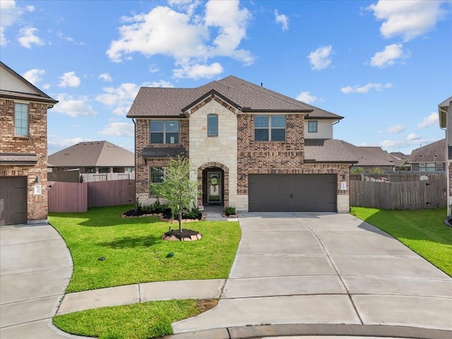 6214 Bois D Arc St, League City, TX 77573 - french country style house with concrete driveway, a garage, brick siding, stone siding, and a shingled roof