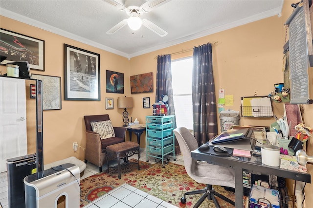 826 Ivyhollow Dr, Channelview, TX 77530 - office area with ceiling fan, tile patterned floors, and ornamental molding