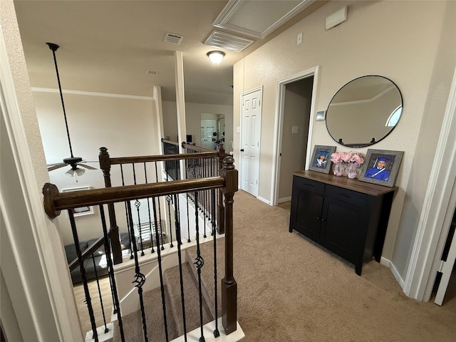 9022 Saint Laurent Ln, Houston, TX 77044 - corridor featuring an upstairs landing, light carpet, and attic access