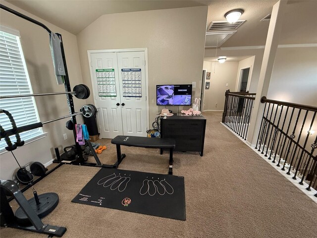 9022 Saint Laurent Ln, Houston, TX 77044 - workout area with lofted ceiling and carpet