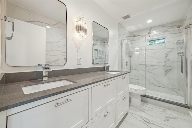 10225 Shadow Oaks Dr, Houston, TX 77043 - full bath with marble finish floors, a marble finish shower, double vanity, and recessed lighting