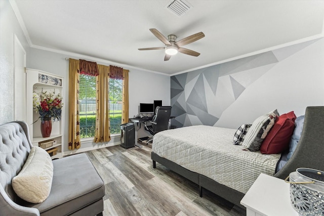 1926 Meadow Creek Dr, Pearland, TX 77581 - bedroom with crown molding, wood finished floors, an office area, and ceiling fan