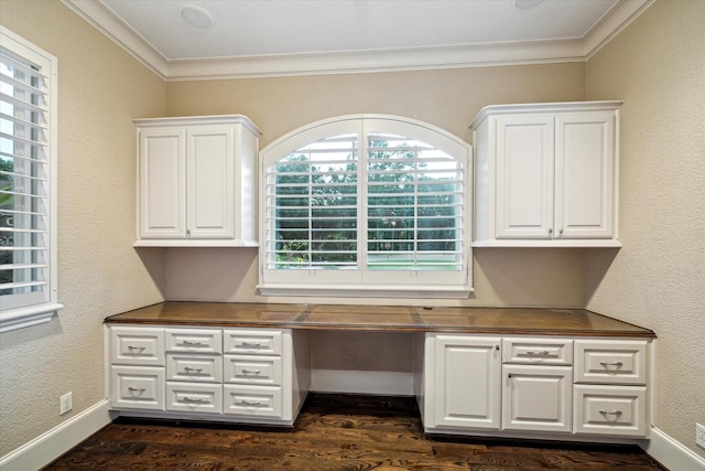 6 Kings Lake Estates Blvd, Kingwood, TX 77346 - unfurnished office with ornamental molding, built in study area, and dark wood finished floors
