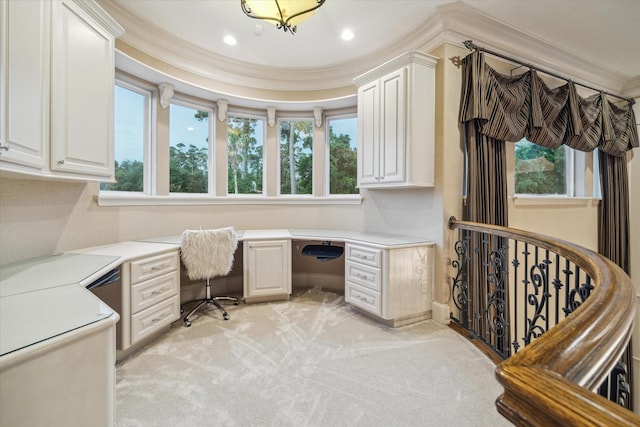 6 Kings Lake Estates Blvd, Kingwood, TX 77346 - home office featuring built in desk, ornamental molding, light carpet, and recessed lighting