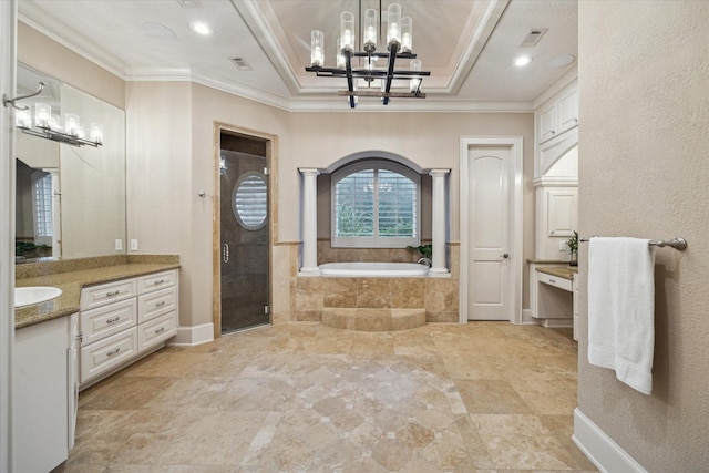 6 Kings Lake Estates Blvd, Kingwood, TX 77346 - bathroom with vanity, crown molding, a chandelier, a garden tub, and a shower stall