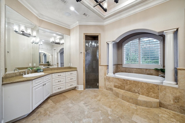 6 Kings Lake Estates Blvd, Kingwood, TX 77346 - full bath featuring crown molding, vanity, a garden tub, a stall shower, and decorative columns