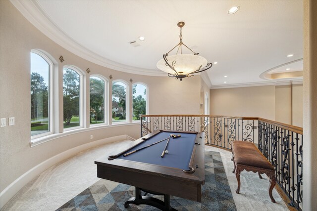 6 Kings Lake Estates Blvd, Kingwood, TX 77346 - game room with crown molding, billiards table, recessed lighting, and carpet flooring